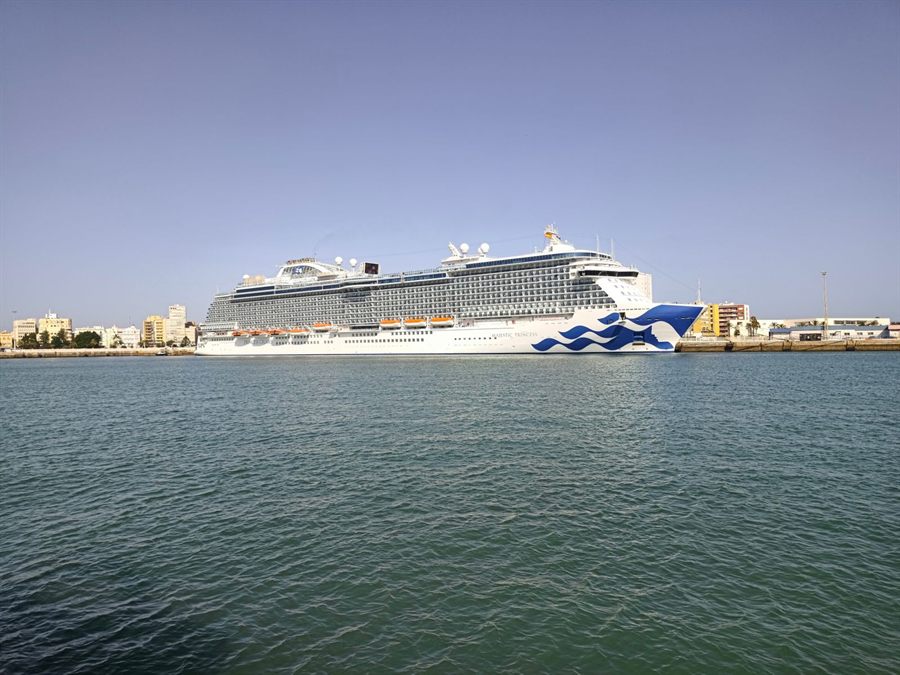 A large cruise ship berthed along a city waterfront across a calm bay