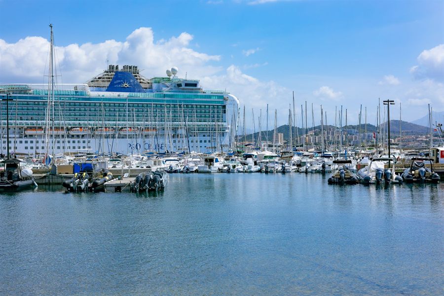 A large cruise ship docked behind a marina full of small boats